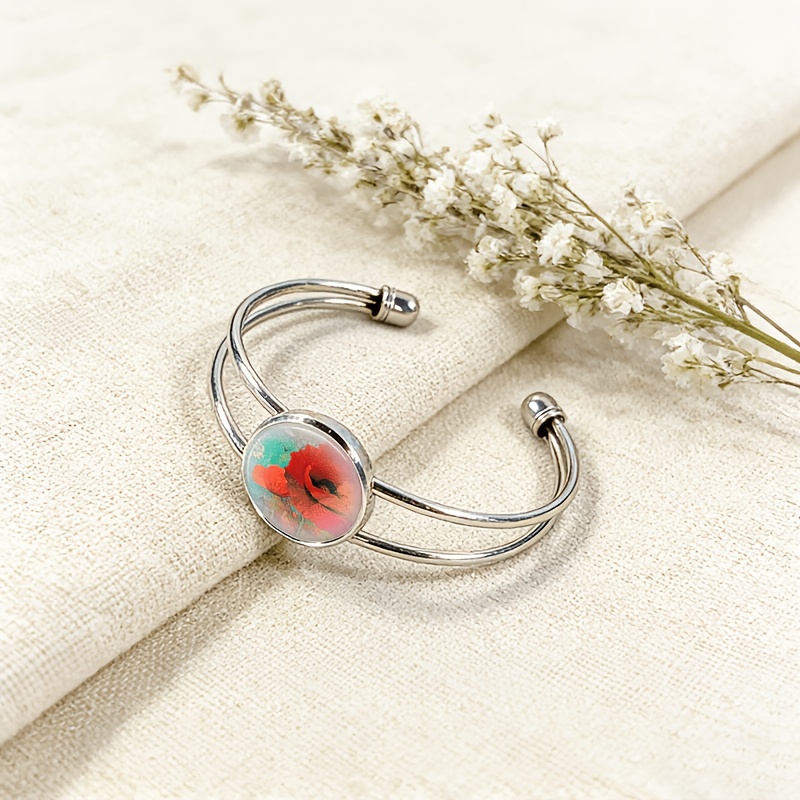 Adjustable Open Bangle Bracelet with Round Time Gemstone Inlay, Vibrant Design